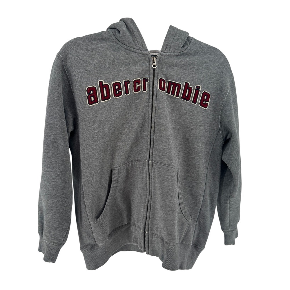Abercrombie Kids Large Gray Full Zip Hoodie‎ Sweatshirt Applique Logo 92 Patch
